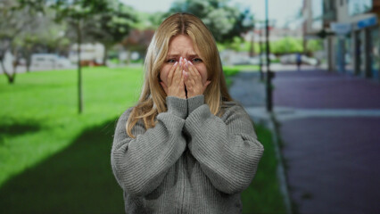Woman expressing worry in an outdoor park setting, with blonde hair, wearing a gray sweater against...