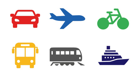 Colorful Transportation Icon Set — Car, Airplane, Bicycle, Bus, Train, Ship in Two-Row Layout