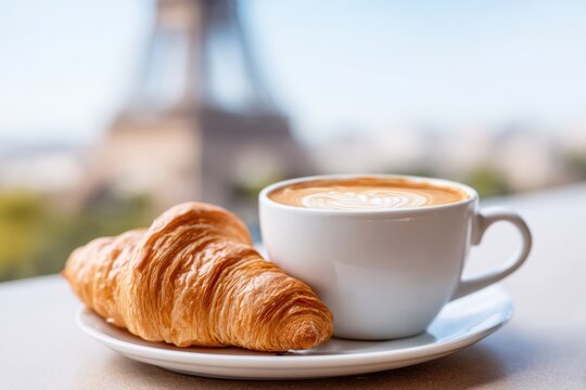 Freshly brewed coffee in a white cup beside a flaky croissant on a plate, with a blurred iconic landmark in the background, creating a delightful breakfast scene - Powered by Adobe
