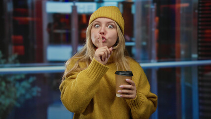 Woman gestures silence while holding coffee in a modern hotel lobby, wearing yellow sweater and...