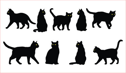 A collection of black cat silhouettes in different postures, displaying various actions like walking, sitting, and standing.