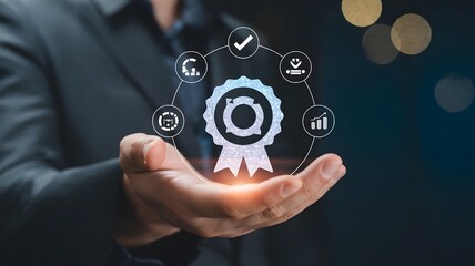 A businessman holds a glowing award symbol representing achievement and success
