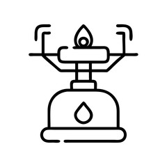 Minimalist illustration of a portable camping stove with flame, outline style
