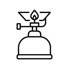 Minimalist line drawing of camping stove with flame and supports for cooking