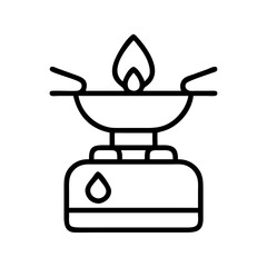 Minimalist vector drawing of a portable camping stove with burning flame