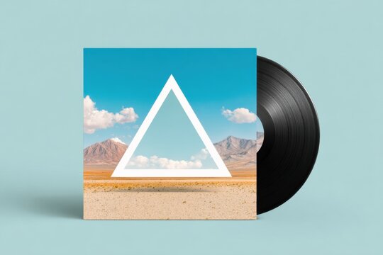 Vinyl record mock up featuring a geometric triangle design against a vibrant blue sky with clouds and desert landscape, ideal for music or art projects - Powered by Adobe