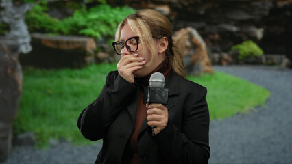 Woman reporter holding microphone appears emotional in an outdoor park setting with lush greenery...