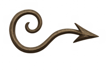 Rustic wooden arrow with decorative curl, pointing rightward, isolated on transparent background for vintage-inspired design elements