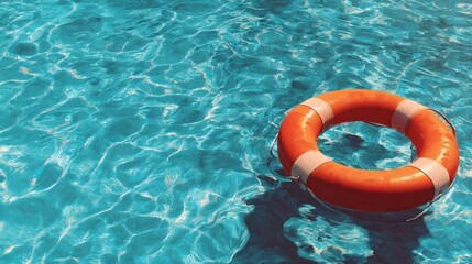 Orange lifebuoy floating on clear blue water with rippling reflections. Summer safety and vacation concept. Aerial view background for design and print.