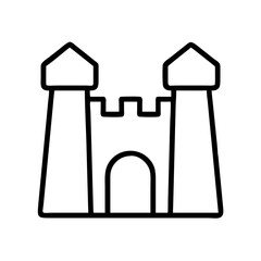 Simple line drawing of a sandcastle with two towers and archway