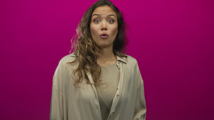 Woman with curly hair opens mouth in surprise and points finger in isolated pink studio;...