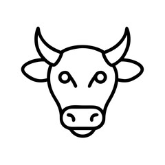 Simple black line drawing of a cow face with horns and ears