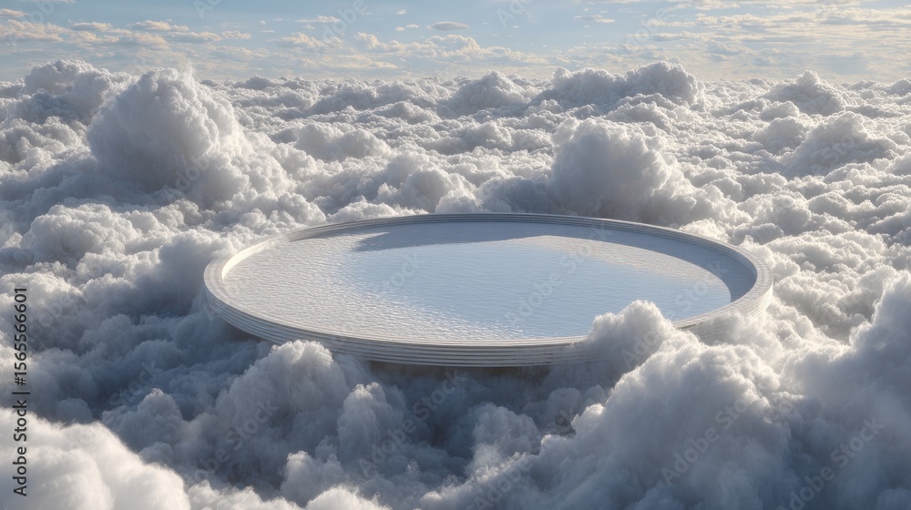 Poster a circular platform floats suspended within a fluffy cloudscape