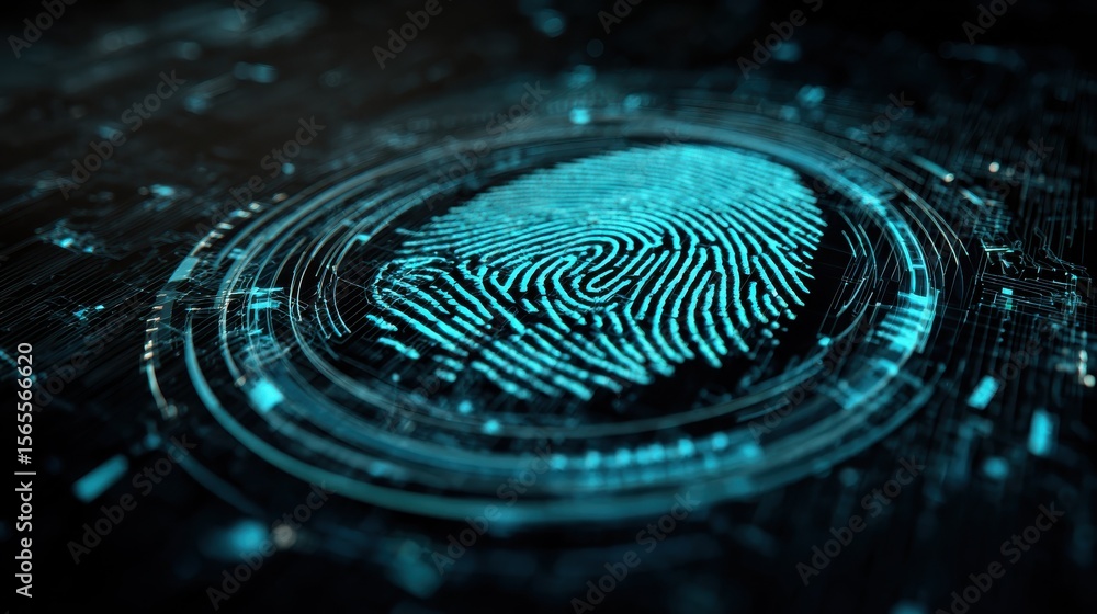 Poster futuristic digital processing of biometric fingerprint scanner. concept of surveillance and security