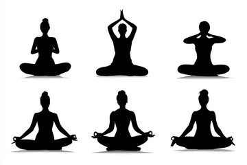 Set of people silhouettes in yoga poses isolated on white serene and balanced flat design full black silhouettes isolated on white background