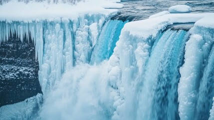 A picturesque winter scene of frozen waterfalls at Niagara
