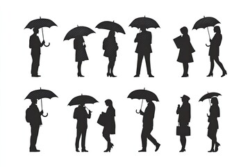 Set people silhouettes holding umbrellas in rain poetic mood isolated on white smooth edges full black silhouettes isolated on white background