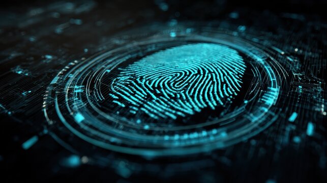 futuristic digital processing of biometric fingerprint scanner. concept of surveillance and security scanning of digital programs and fingerprint biometrics. cyber futuristic applications, future. - Powered by Adobe