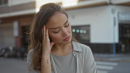 Young woman outdoors on a street showing thinking expression in an urban setting.