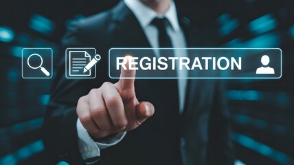 A persons finger presses a registration button on a digital interface, with search and document icons nearby