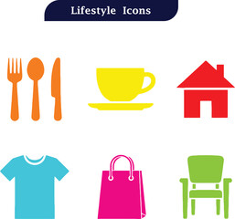 Colorful Lifestyle Icon Set — Fork & Knife, Cup, House, T-Shirt, Shopping Bag, Chair