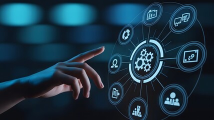 A hand points to a digital interface showing interconnected gears, representing a business process