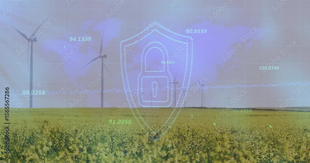 Poster faint sky grid flashing starting shield rising above turbines while data moving securing network