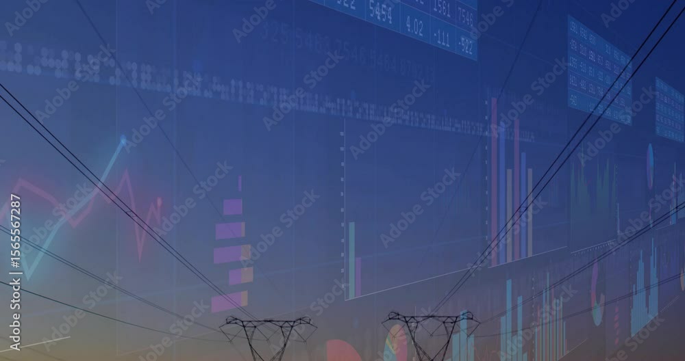 Poster on fading in, bar charts sliding and towers materializing for visualizing energy trends at dusk