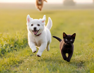 Cute baby dog and baby cat  jumps and running and happily a field blurred background. Cat and dog background