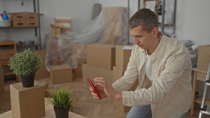 Man photographing plants with phone in living room filled with moving boxes and furniture,...