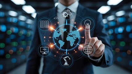 A businessman in a suit points at a glowing globe surrounded by technology icons in a server room