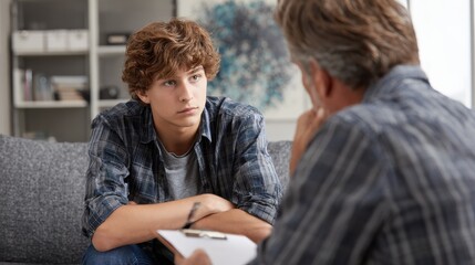 A psychology specialist explaining an action plan for recovery to a troubled teenage boy during an individual therapy session., no logos, no brands