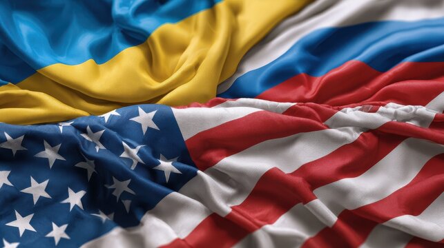 Ukraine, United States, and Russia flags are presented on white, representing international relations and diplomacy.