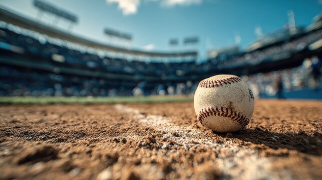A close-up of a baseball sitting on the pitcher&acirc;s mound in a professional stadium. The dirt, grass, and bright blue sky create an exciting atmosphere, symbolizing competition and the spirit of the