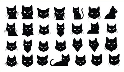 A collection of various black cat silhouettes, featuring diverse poses and views (profile, head-on).