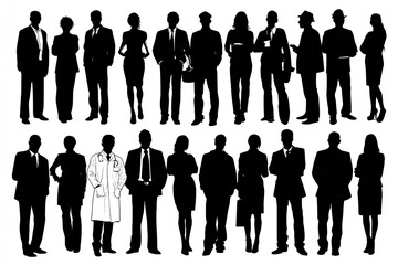 Set people silhouettes of diverse professions standing side by side clean white backdrop detailed outlines full black silhouettes isolated on white background