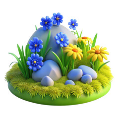 Whimsical 3d garden scene with blue and yellow flowers and smooth rocks
