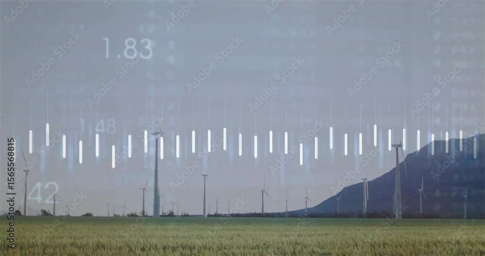 Poster starting with wind farm, overlay appearing, bars pulsing, line sliding, visualizing turbine output