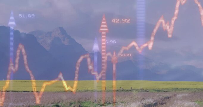 Jagged orange line emerging over grassy plain animating arrows on value extremes showing data trend