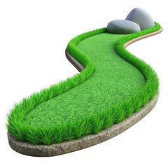 Miniature golf course fairway with rocks and lush green grass
