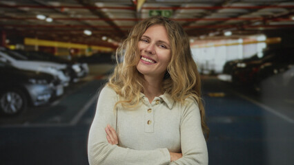 Woman arms smiling in garage reflect a blonde young spirit winking among crossed sweater sleeves for a casual portrait.
