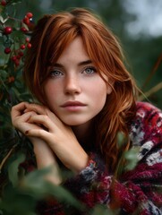 Naklejka premium Close-up of a young red-haired woman with blue eyes lying in greenery, outdoors, vibrant fall colors, serene expression