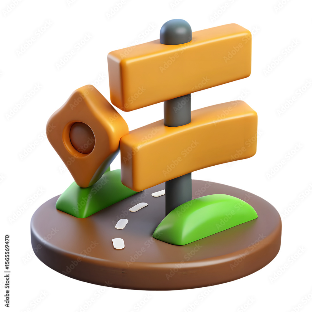 Poster a cartoon signpost with a location marker stands isolated on transparent background