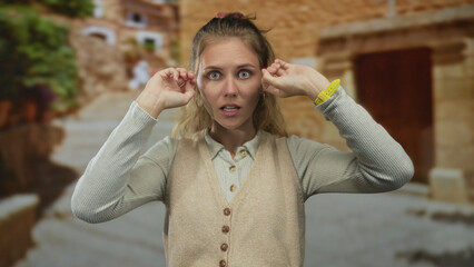 Woman eyes surprised town blonde young rubbing covering alley expression convey dramatic emotion in...