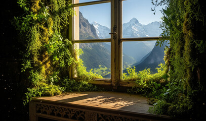 view from the window of a castle over a swiss mountain scene. The window is overgrown by plants and it is a wooden frame window
