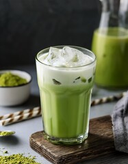 Iced matcha latte in a glass with ice cubes, creamy top layer, and vibrant green tea color, served on a wooden board with matcha powder in the background. AI