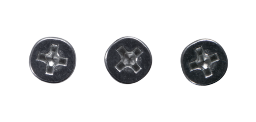 Close-up of 3 screw heads, top view, transparent background PNG