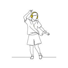 Young girl dancing joyfully while wearing headphones in a minimalist style  