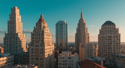 Fototapeta premium Golden hour cityscape panorama showcasing architectural diversity, featuring a blend of vintage and modern high-rises against a clear sky