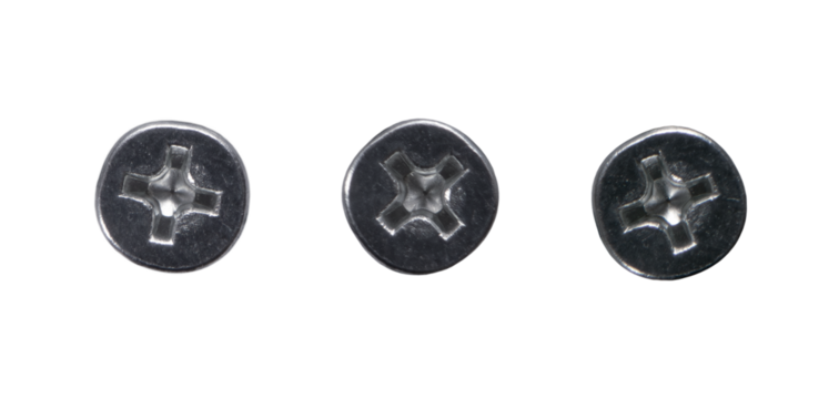 Close-up of 3 screw heads, top view, transparent background PNG